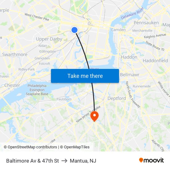 Baltimore Av & 47th St to Mantua, NJ map