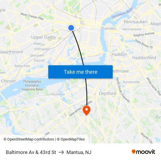 Baltimore Av & 43rd St to Mantua, NJ map