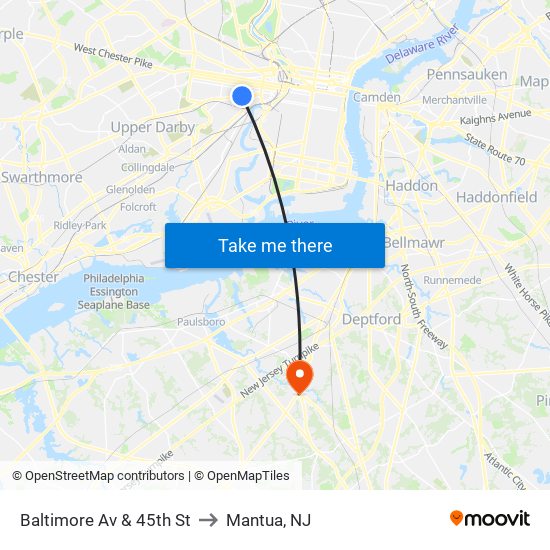 Baltimore Av & 45th St to Mantua, NJ map