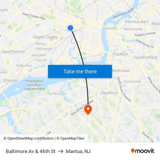 Baltimore Av & 46th St to Mantua, NJ map