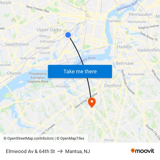 Elmwood Av & 64th St to Mantua, NJ map