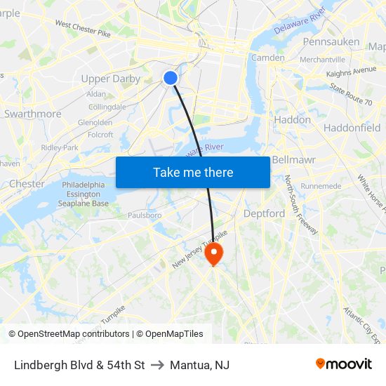 Lindbergh Blvd & 54th St to Mantua, NJ map