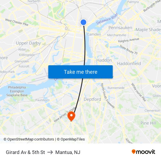 Girard Av & 5th St to Mantua, NJ map