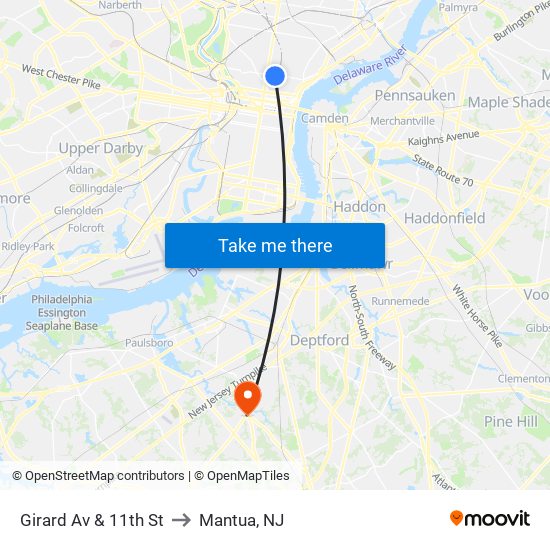 Girard Av & 11th St to Mantua, NJ map