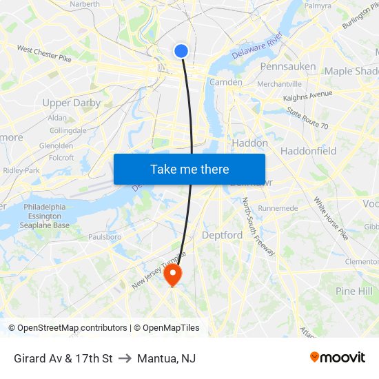 Girard Av & 17th St to Mantua, NJ map