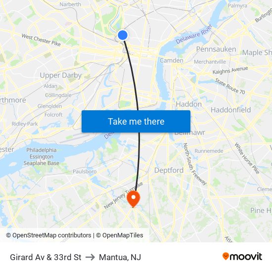 Girard Av & 33rd St to Mantua, NJ map