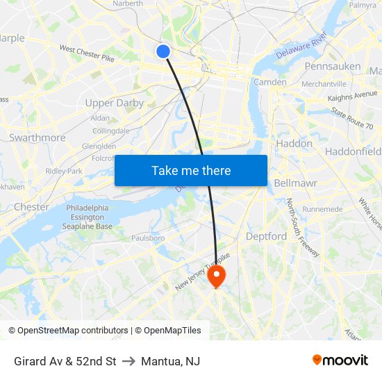 Girard Av & 52nd St to Mantua, NJ map