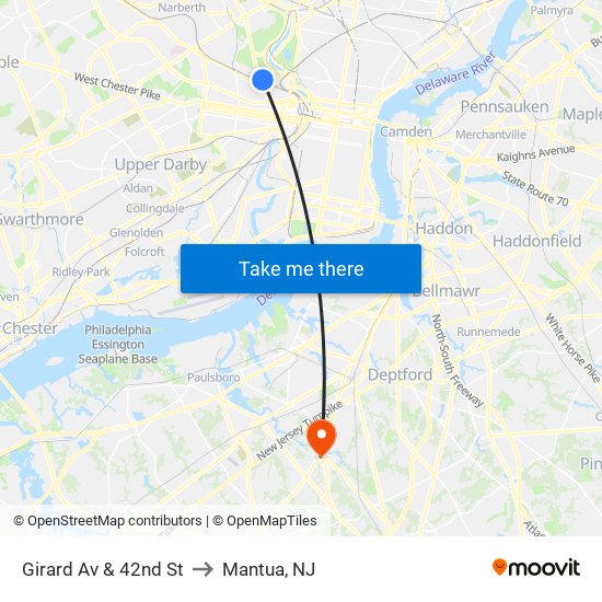 Girard Av & 42nd St to Mantua, NJ map
