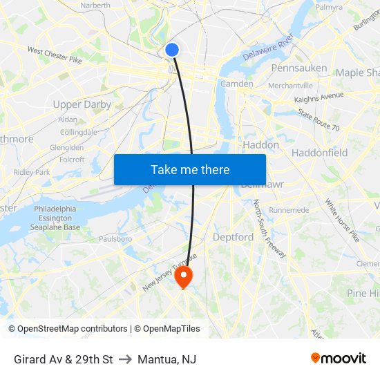 Girard Av & 29th St to Mantua, NJ map