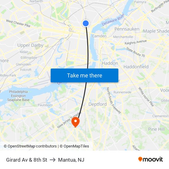 Girard Av & 8th St to Mantua, NJ map