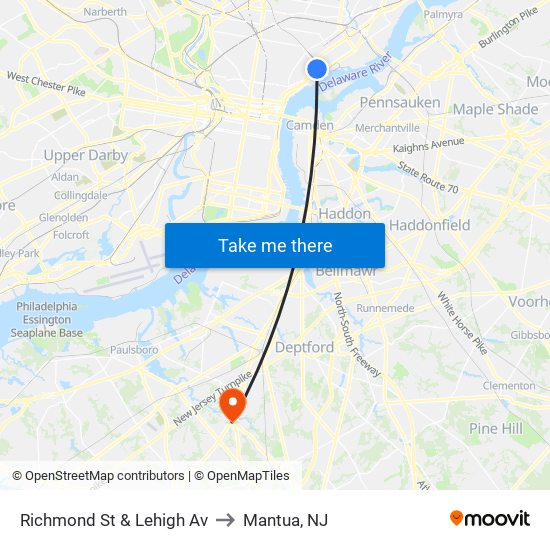 Richmond St & Lehigh Av to Mantua, NJ map