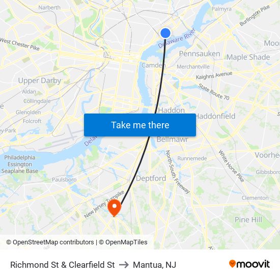 Richmond St & Clearfield St to Mantua, NJ map