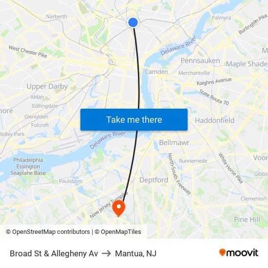 Broad St & Allegheny Av to Mantua, NJ map