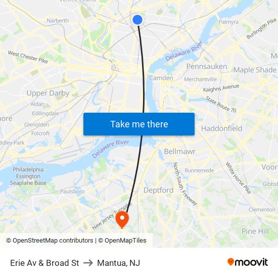 Erie Av & Broad St to Mantua, NJ map