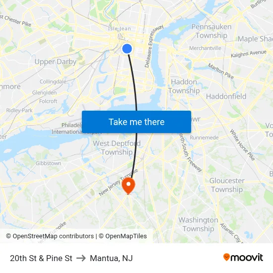 20th St & Pine St to Mantua, NJ map