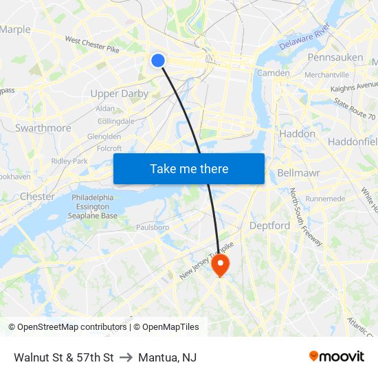 Walnut St & 57th St to Mantua, NJ map