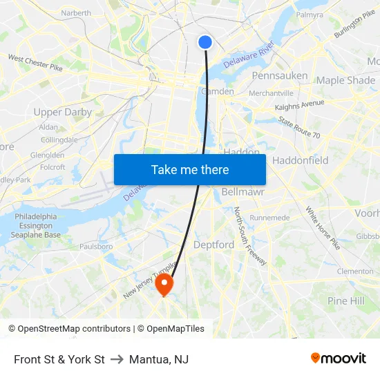 Front St & York St to Mantua, NJ map