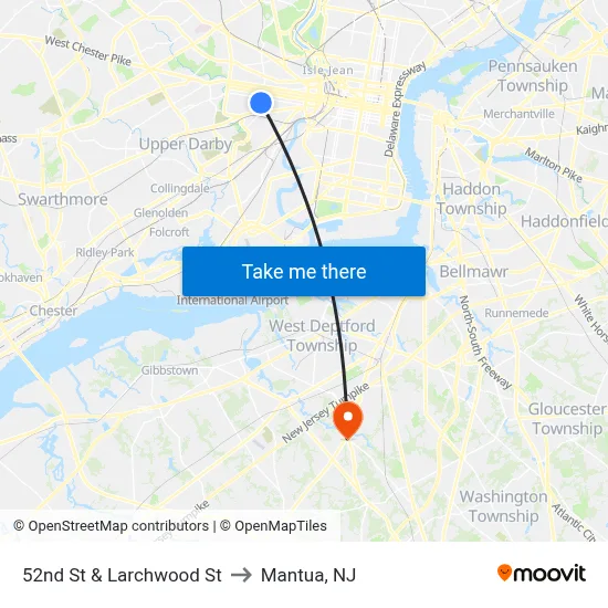 52nd St & Larchwood St to Mantua, NJ map