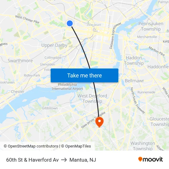 60th St & Haverford Av to Mantua, NJ map