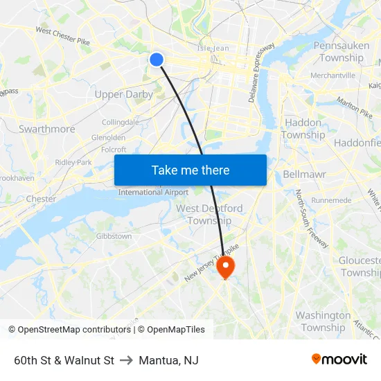 60th St & Walnut St to Mantua, NJ map