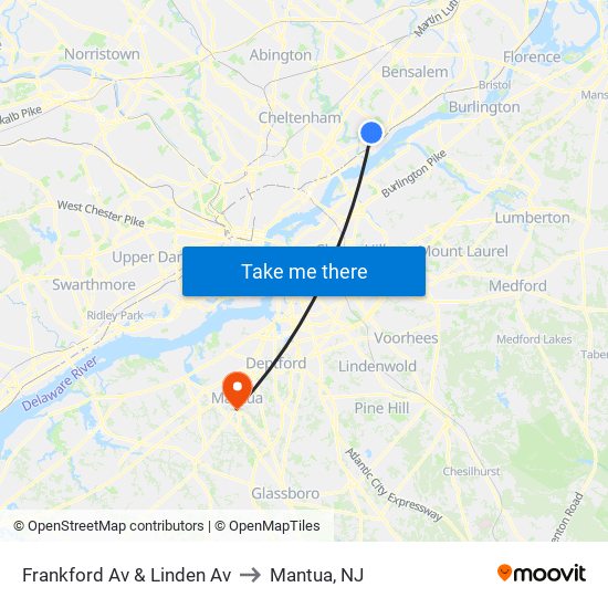 Frankford Av & Linden Av to Mantua, NJ map