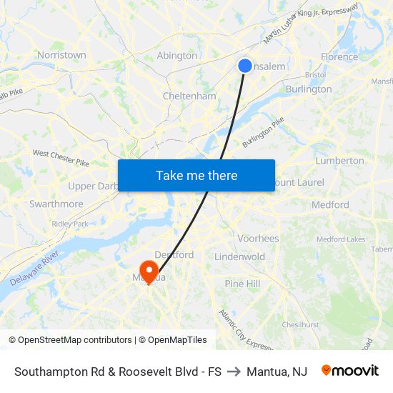 Southampton Rd & Roosevelt Blvd - FS to Mantua, NJ map