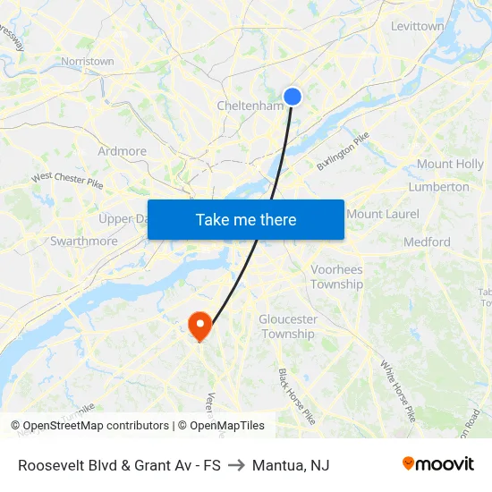 Roosevelt Blvd & Grant Av - FS to Mantua, NJ map