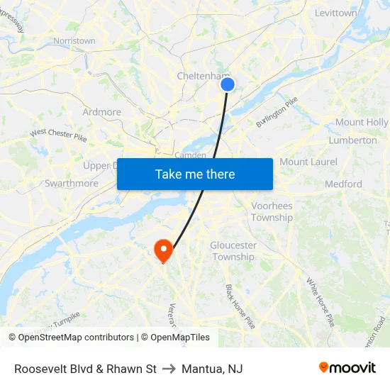 Roosevelt Blvd & Rhawn St to Mantua, NJ map