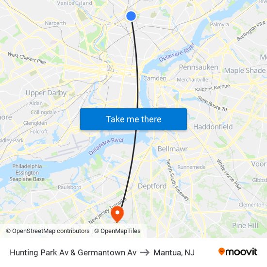 Hunting Park Av & Germantown Av to Mantua, NJ map