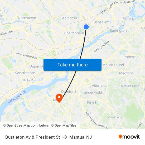 Bustleton Av & President St to Mantua, NJ map