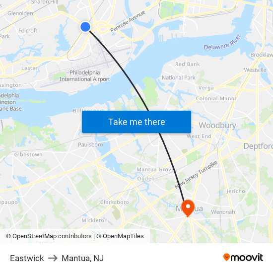 Eastwick to Mantua, NJ map