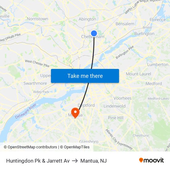 Huntingdon Pk & Jarrett Av to Mantua, NJ map