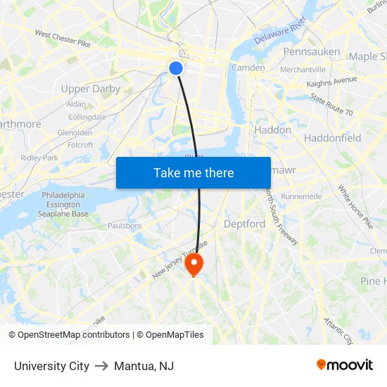 University City to Mantua, NJ map