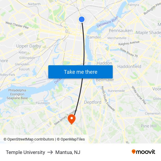 Temple University to Mantua, NJ map