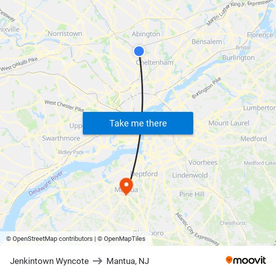Jenkintown Wyncote to Mantua, NJ map
