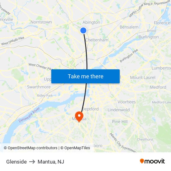 Glenside to Mantua, NJ map