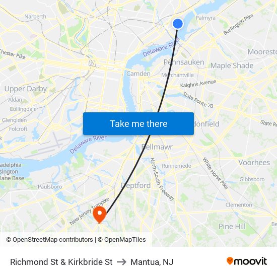 Richmond St & Kirkbride St to Mantua, NJ map