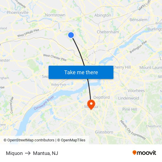 Miquon to Mantua, NJ map