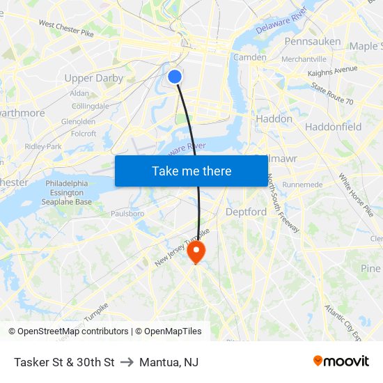 Tasker St & 30th St to Mantua, NJ map