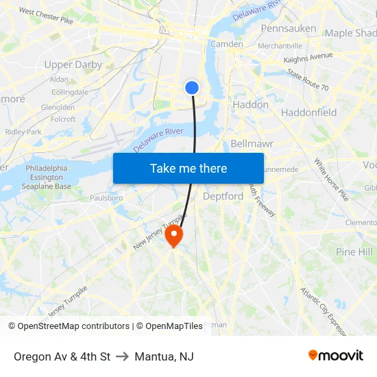 Oregon Av & 4th St to Mantua, NJ map