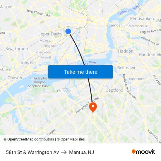 58th St & Warrington Av to Mantua, NJ map