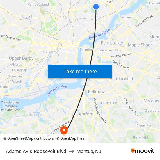 Adams Av & Roosevelt Blvd to Mantua, NJ map