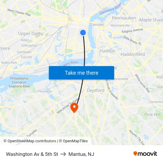 Washington Av & 5th St to Mantua, NJ map