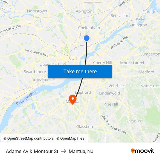 Adams Av & Montour St to Mantua, NJ map