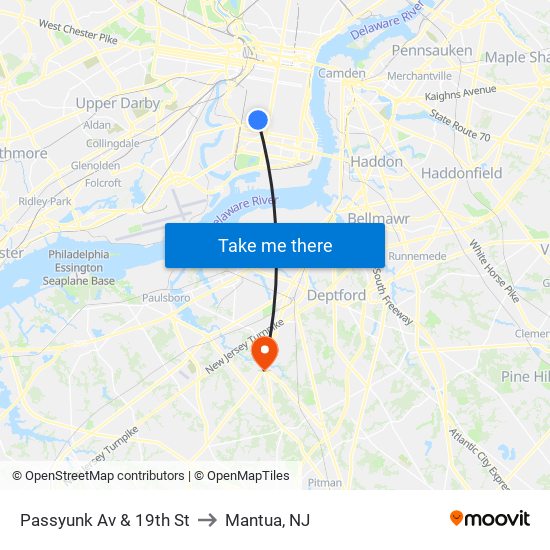 Passyunk Av & 19th St to Mantua, NJ map