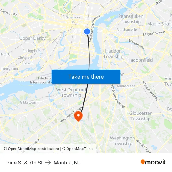 Pine St & 7th St to Mantua, NJ map