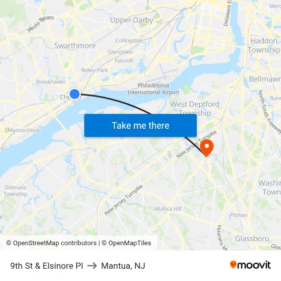 9th St & Elsinore Pl to Mantua, NJ map