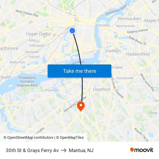 30th St & Grays Ferry Av to Mantua, NJ map