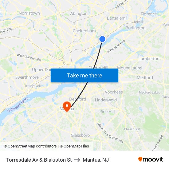 Torresdale Av & Blakiston St to Mantua, NJ map