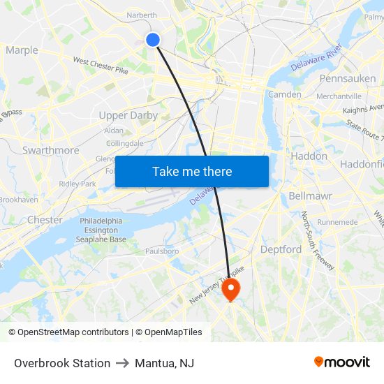 Overbrook Station to Mantua, NJ map